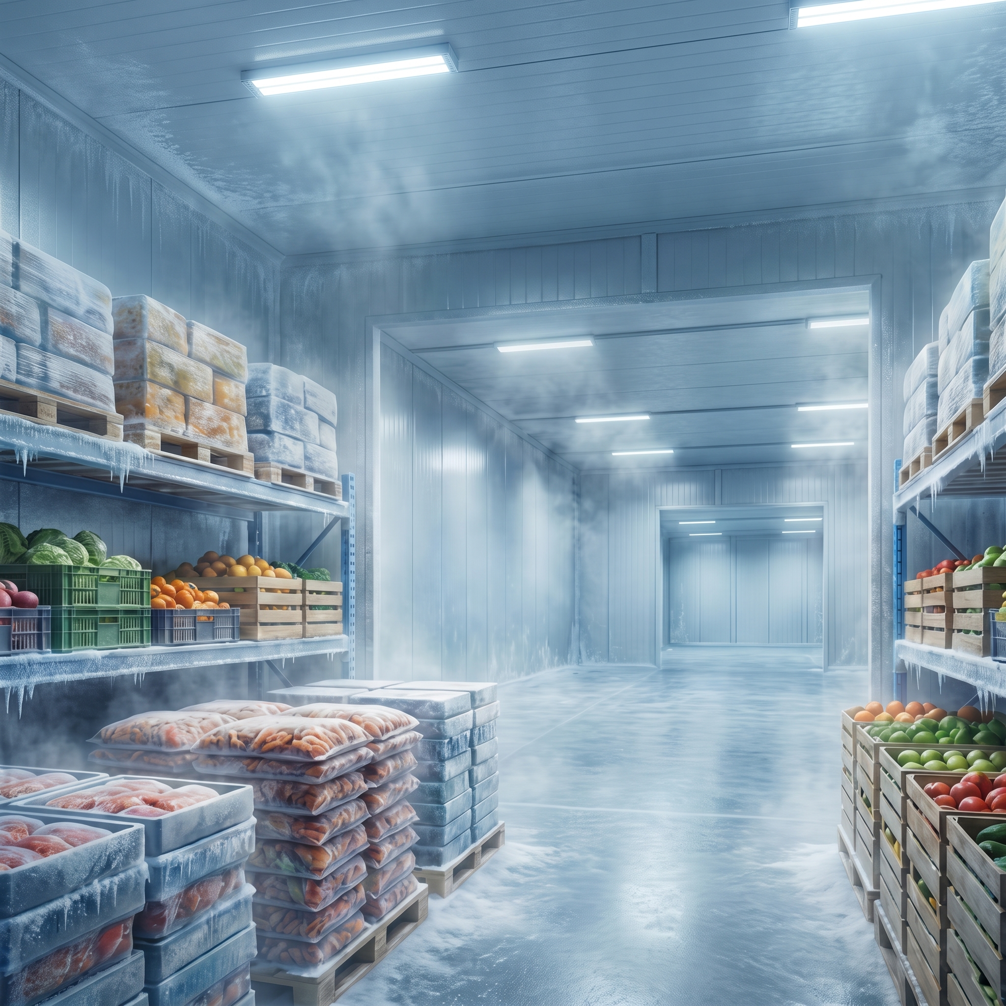 Cena ilustrativa de câmara fria com alimentos armazenados